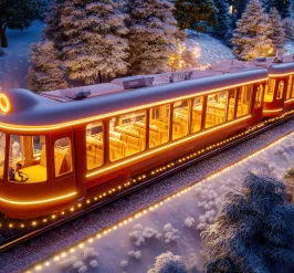 image of a train traveling through a winter landscape polar express